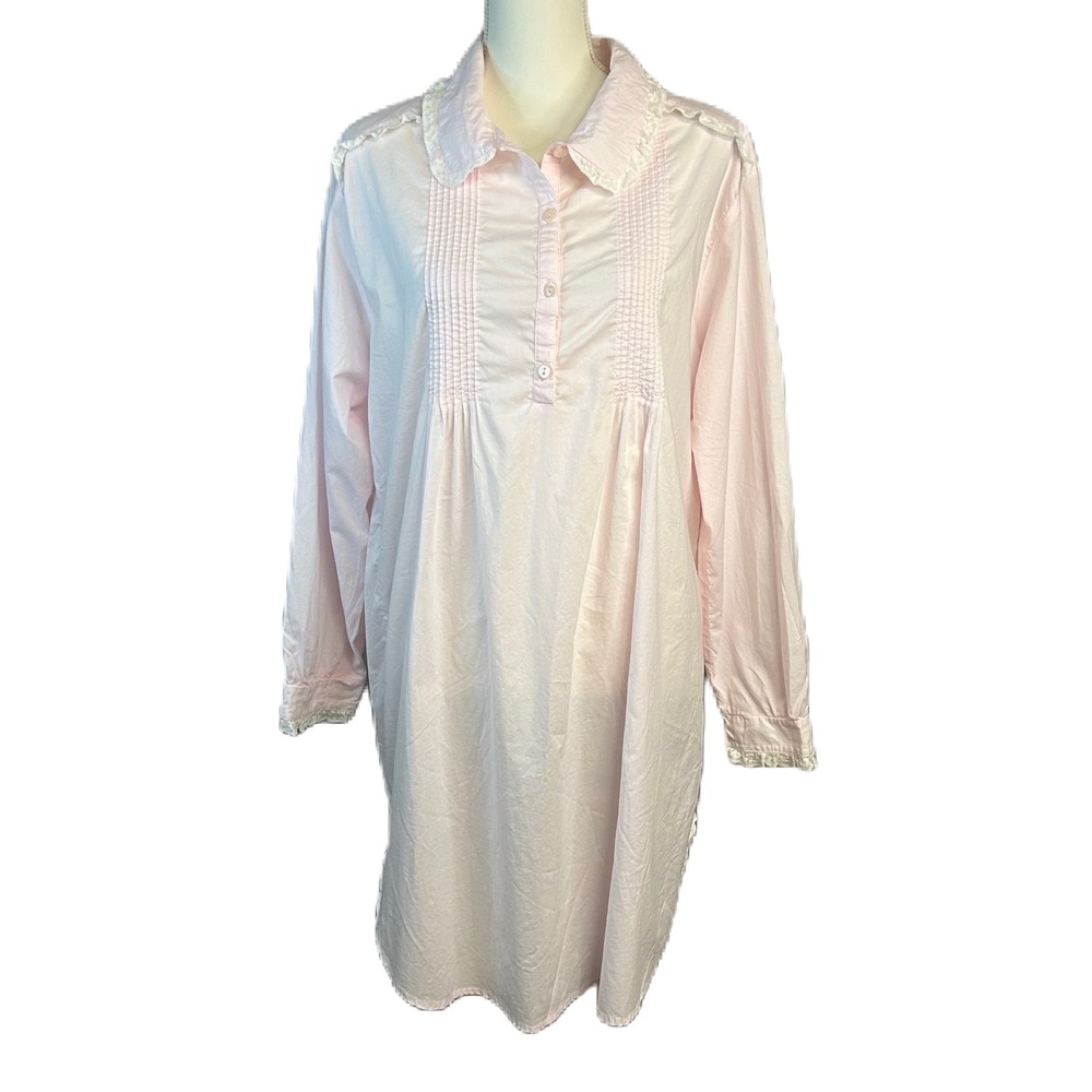 Vintage Laura Ashley Nightgown Sleep Shirt L Lace Trim Pintuck Pink Cotton 90s